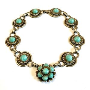 Vintage Faux Turquoise Necklace Round Cabochon Native American Style Silver Tone